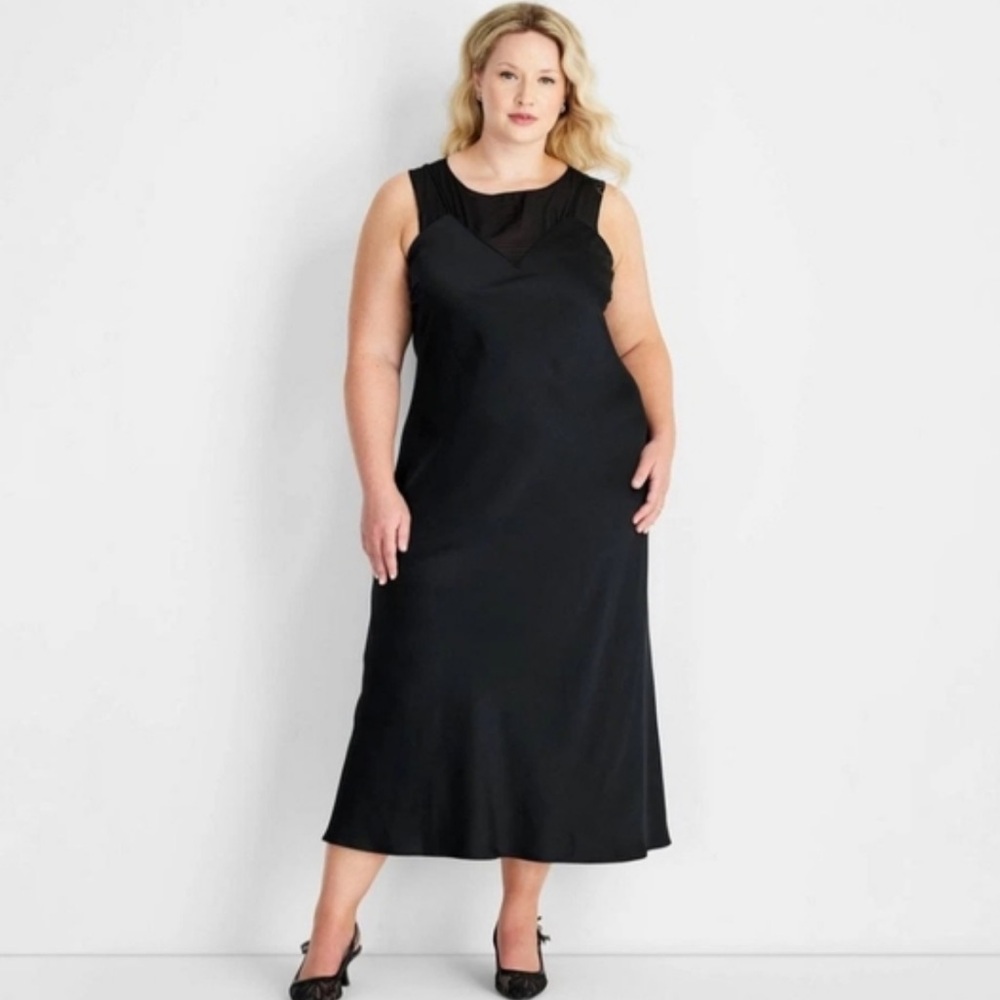 NWT Future Collective Sleeveless Mixed Media Ankle Slip Dress - Black